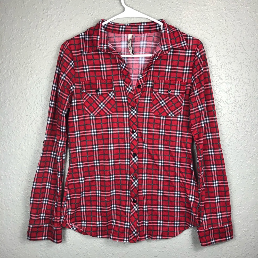 R n B red plaid shirt button down size small top